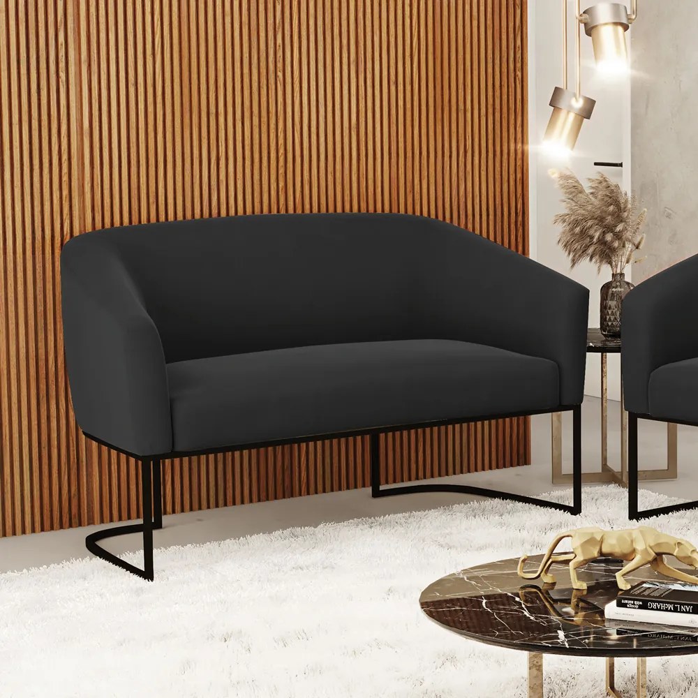 Sofá 2 Lugares Namoradeira Industrial Preto Stella Suede Preto D03 - D'Rossi