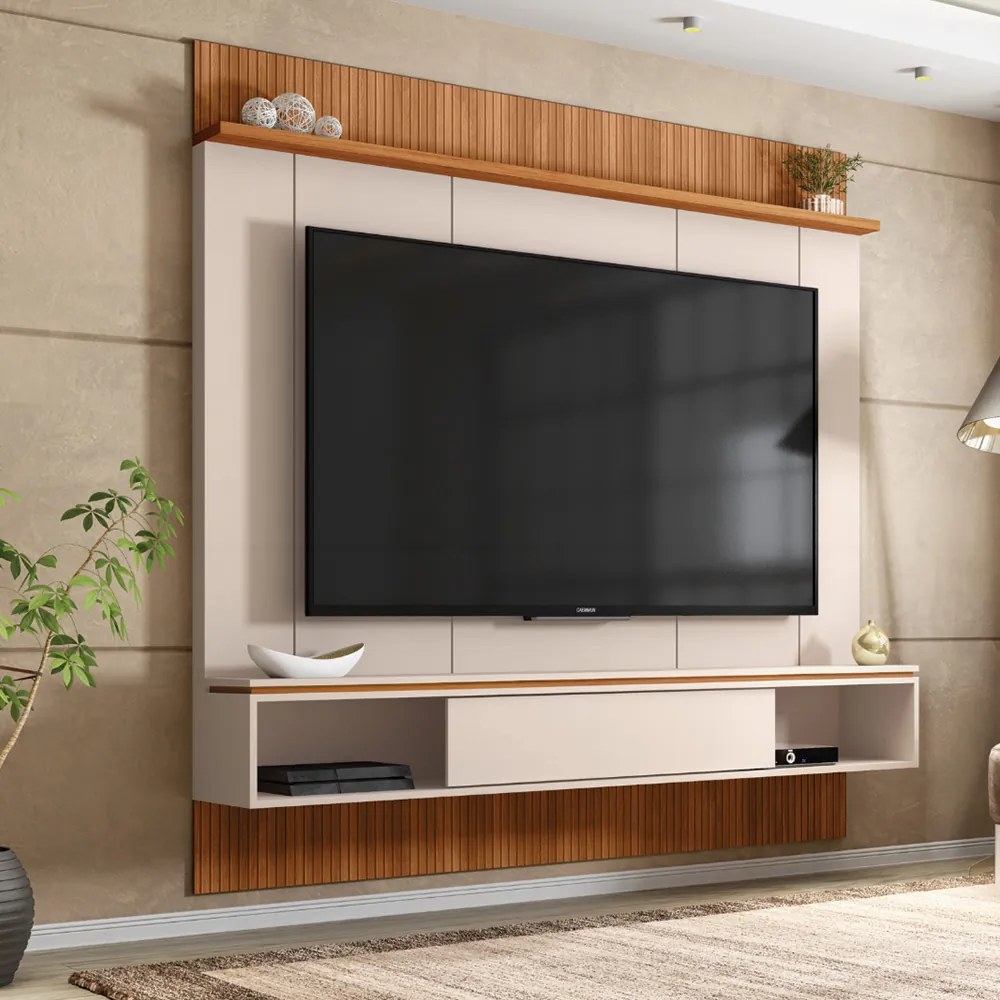 Painel Runa 180cm para TV até 65 com Porta de Correr Prateleira e Nicho MDP OffWhite/Freijo G11 - Gran Belo
