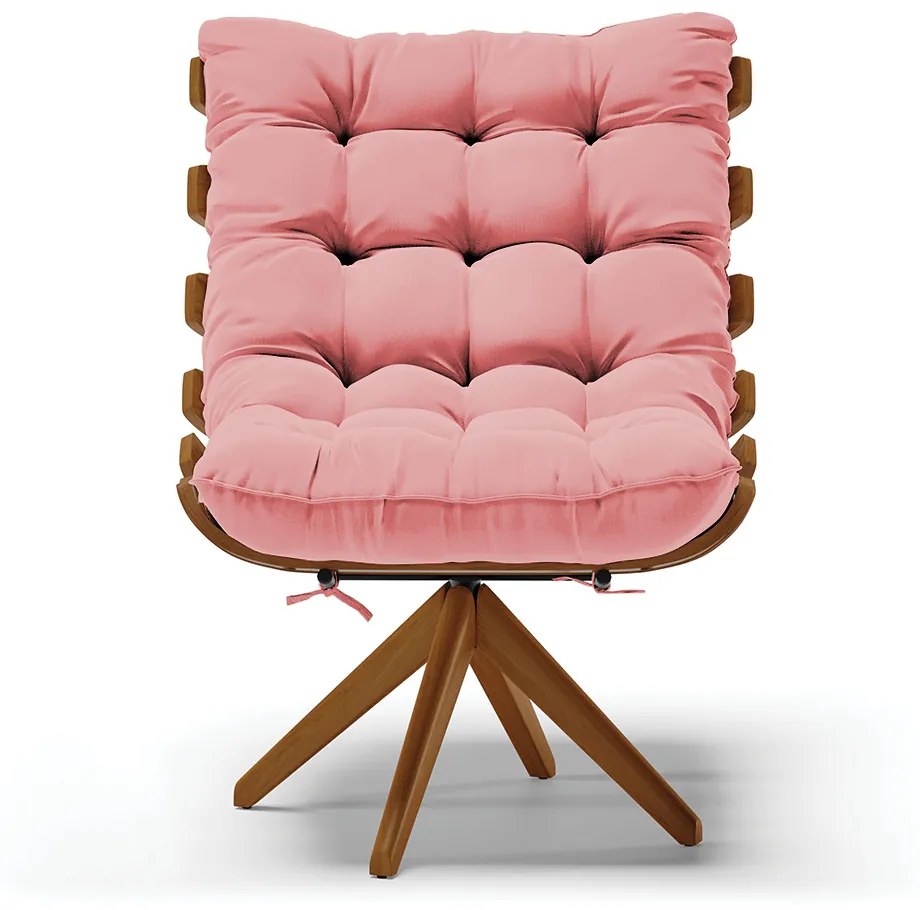 Poltrona com Puff Giratório Costela Suede Rosê Base de Madeira MA30 M11 - D'Rossi