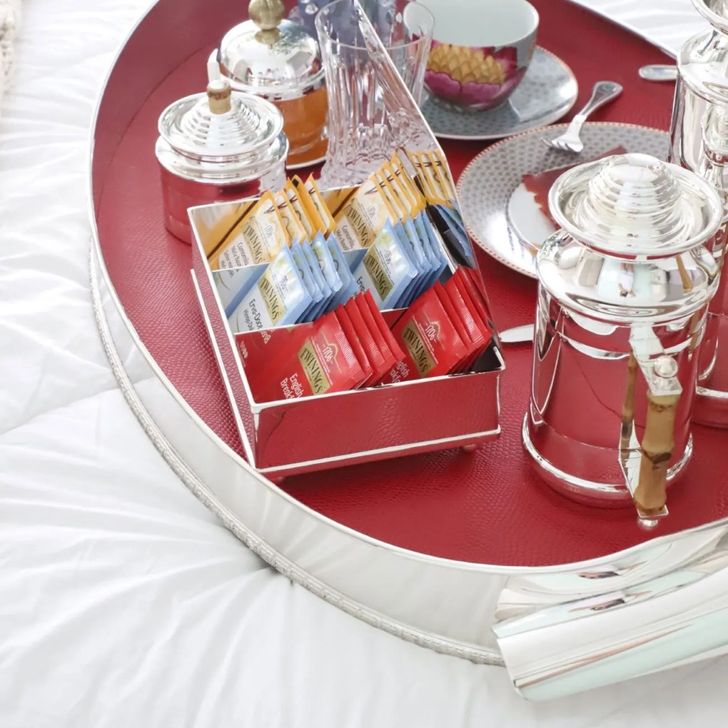 Bandeja Veneza Média C/ Cordão Palha Prata St. James - Fundo Couro Vermelho  Fundo Couro Vermelho