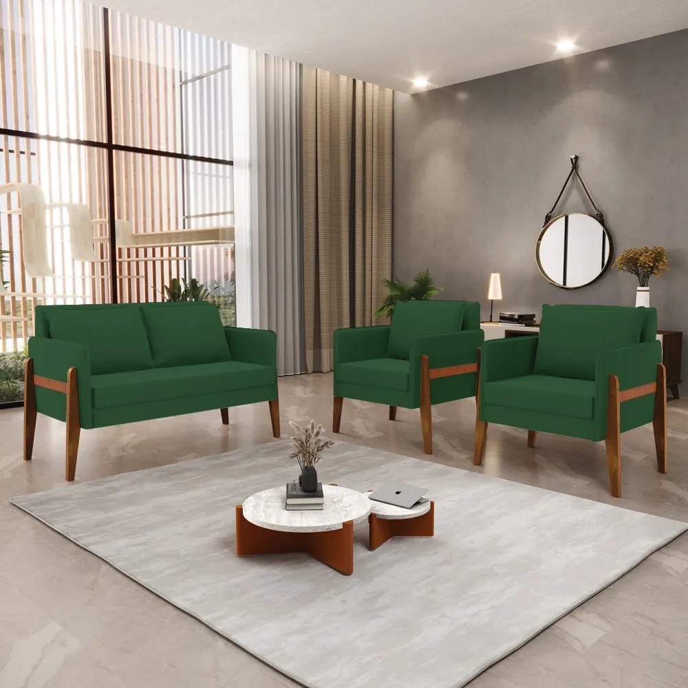 Kit 1 Sofá Namoradeira e 2 Poltronas Lana Veludo Verde Base de Madeira - D'Rossi