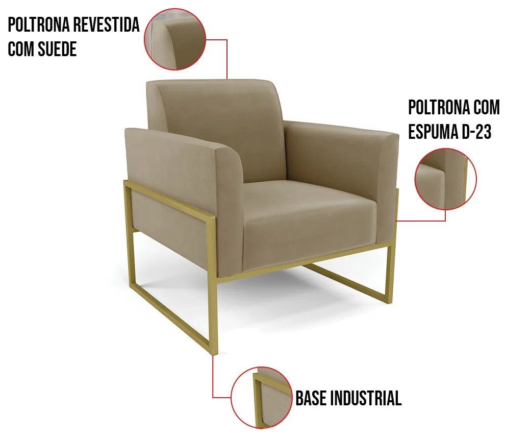 Poltrona Base Industrial Alta Dourado Marisa Suede D03 - D'Rossi - Marrom Rato