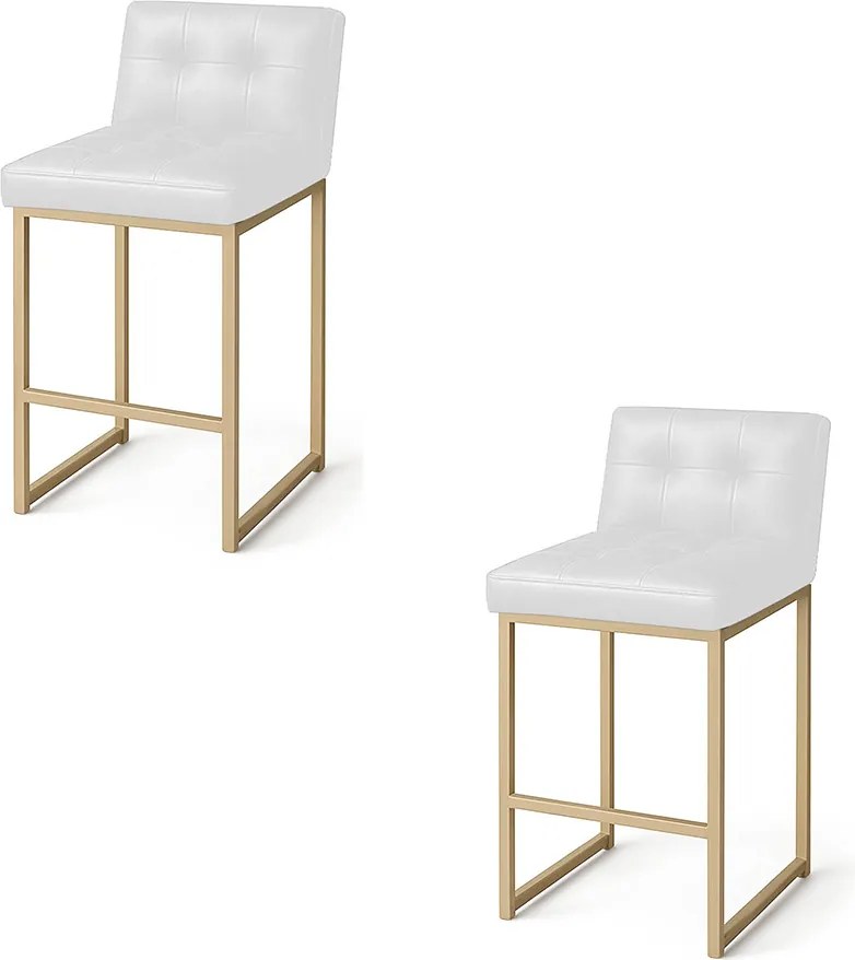 Banqueta Cozinha Alta com Encosto Industrial Kit 2 Champanhe Lirina PU Branco C05 - D'Rossi