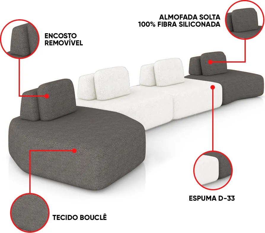 Sofá 4 Lugares Orgânico com Chaise e 3 Módulos Berlim Bouclê Grafite/Off White K01 - D'Rossi