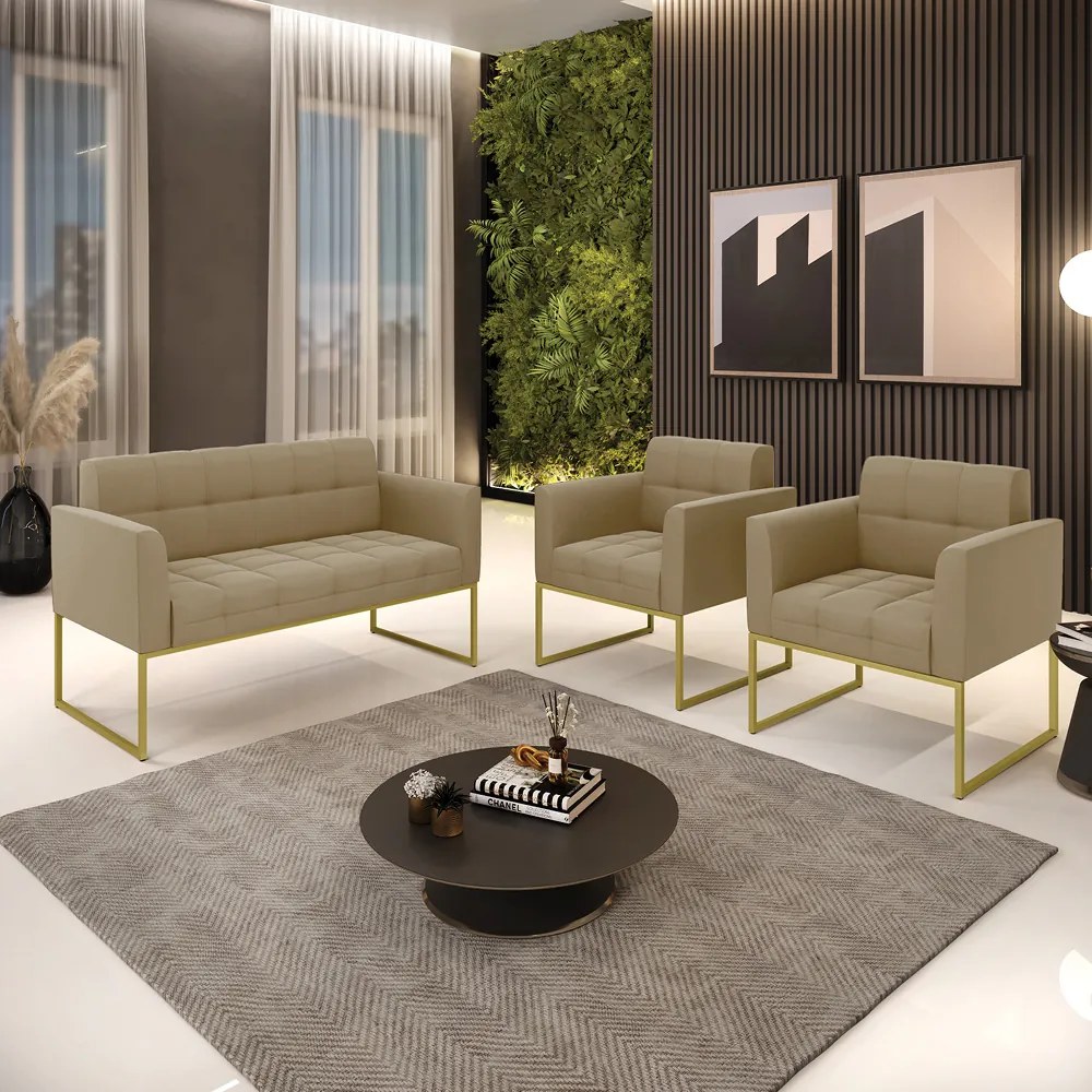 Kit 1 Sofá Namoradeira e 2 Poltronas Elisa Suede Base Metálica Industrial Dourado - D'Rossi - Marrom Rato
