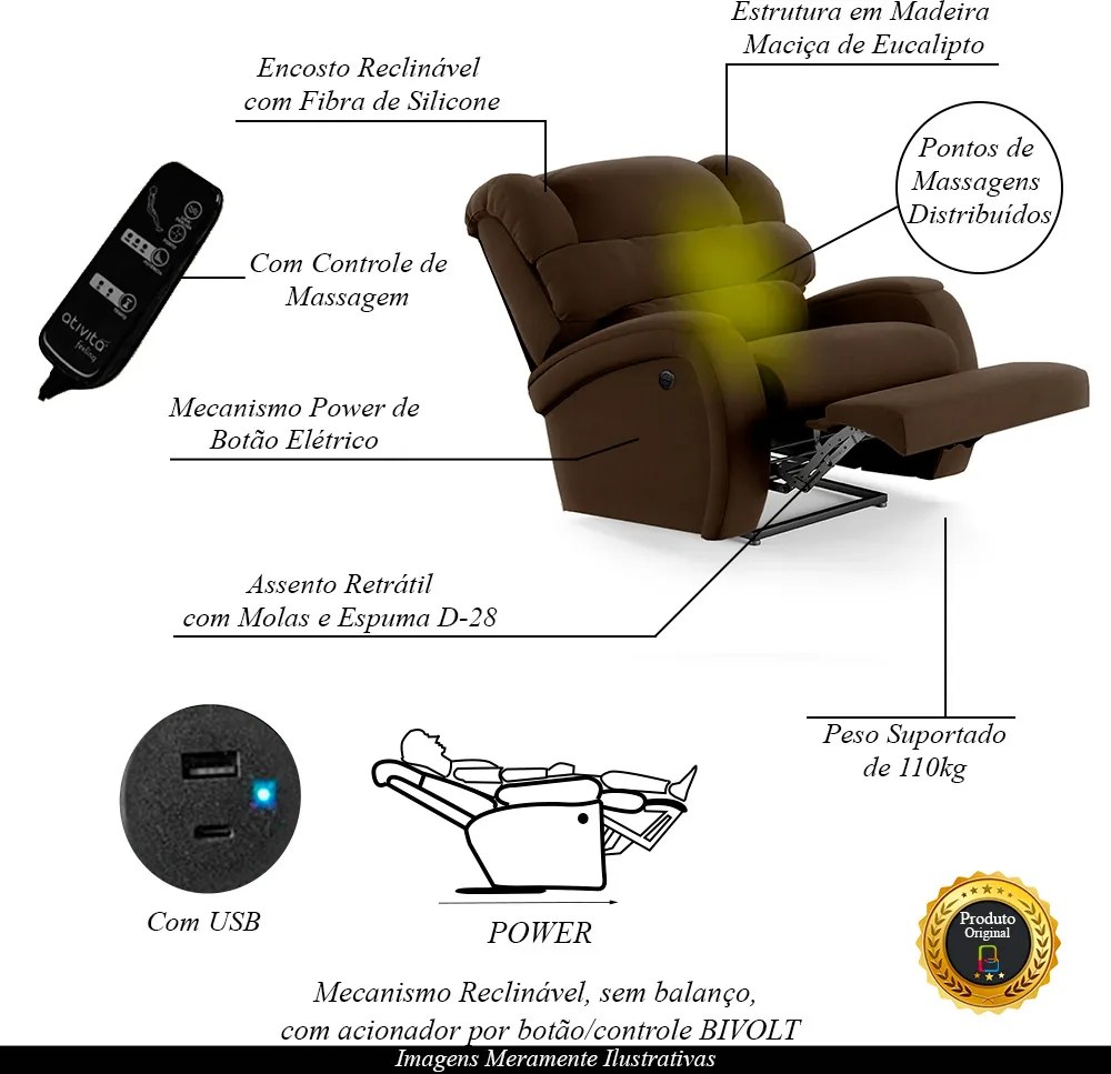 Poltrona do Papai Sala de Cinema Reclinável Kylie Power Elétrica Massagem USB Veludo Marrom G23