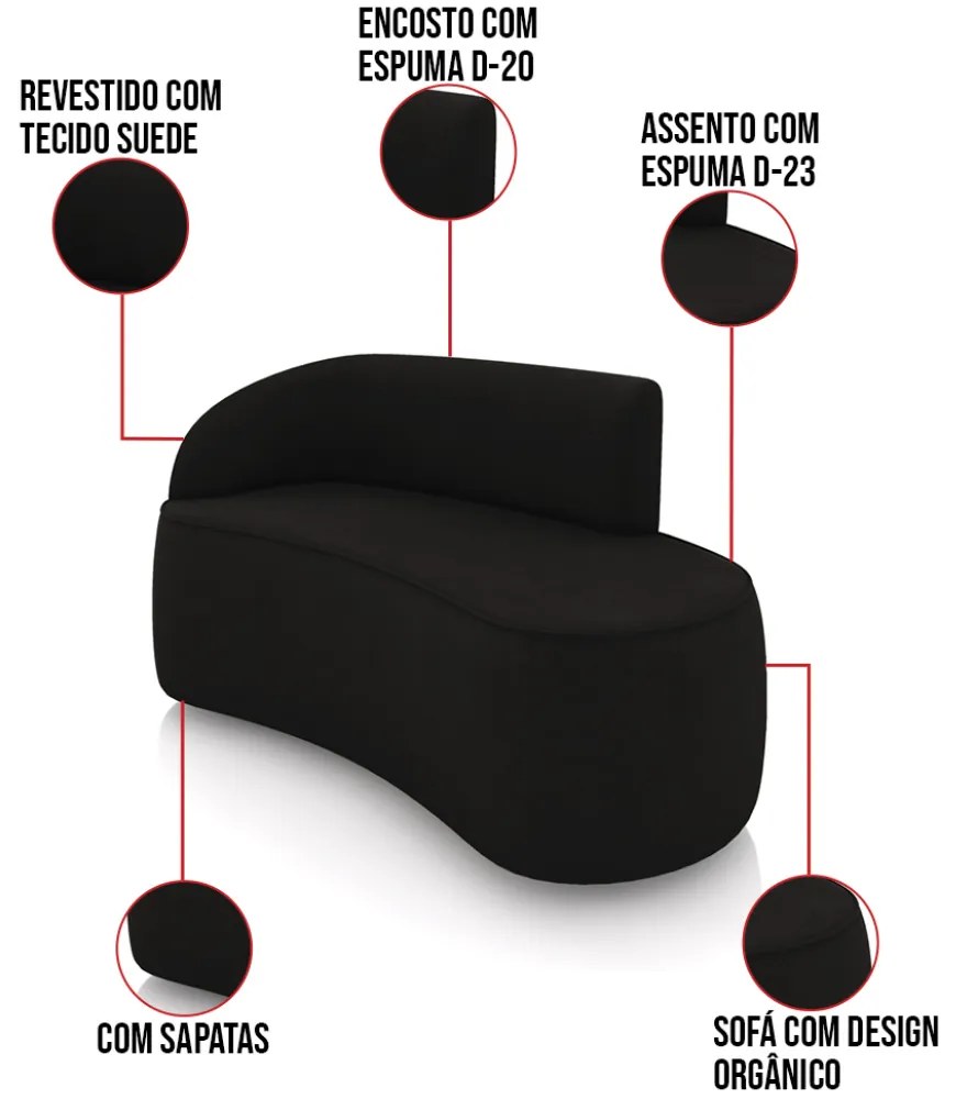 Sofá 2 Lugares Orgânico 140cm Morgan e 2 Poltronas Lua Suede D03 - D'Rossi - Preto