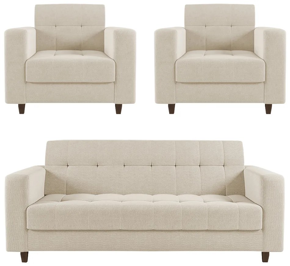 Sofá 2 Lugares e 2 Poltronas Pé Madeira Tabaco Arezo Linho D01 - D'Rossi - A19 Bege