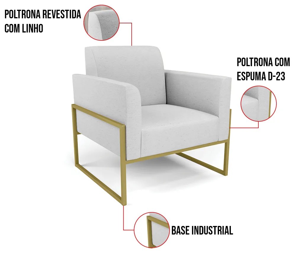 Poltrona Base Industrial Alta Dourado Marisa Linho - A05 Cinza
