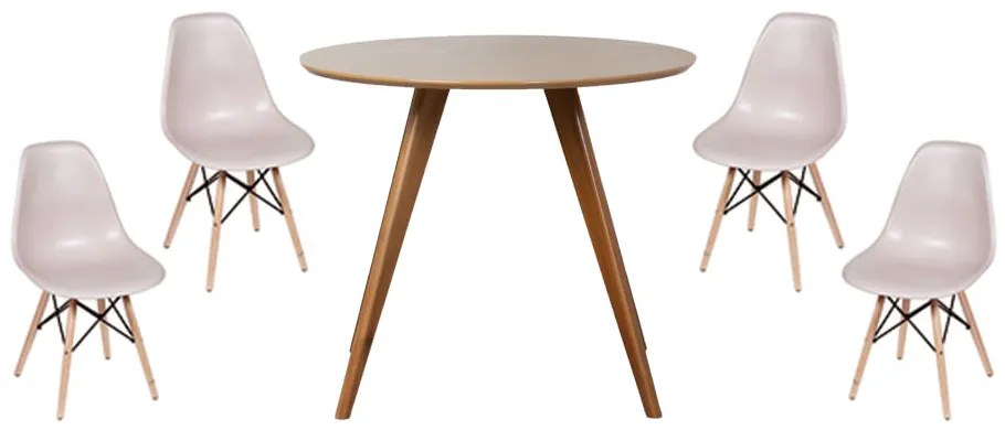 Conjunto Mesa Square Redonda Bétula 88cm + 4 Cadeiras Eiffel Bege acinzentado