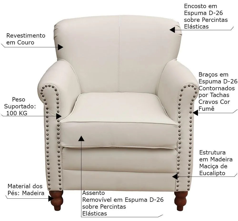 Kit 03 Poltronas Decorativas Sala de Estar Brunei Pés Madeira Couro Off White G58 - Gran Belo