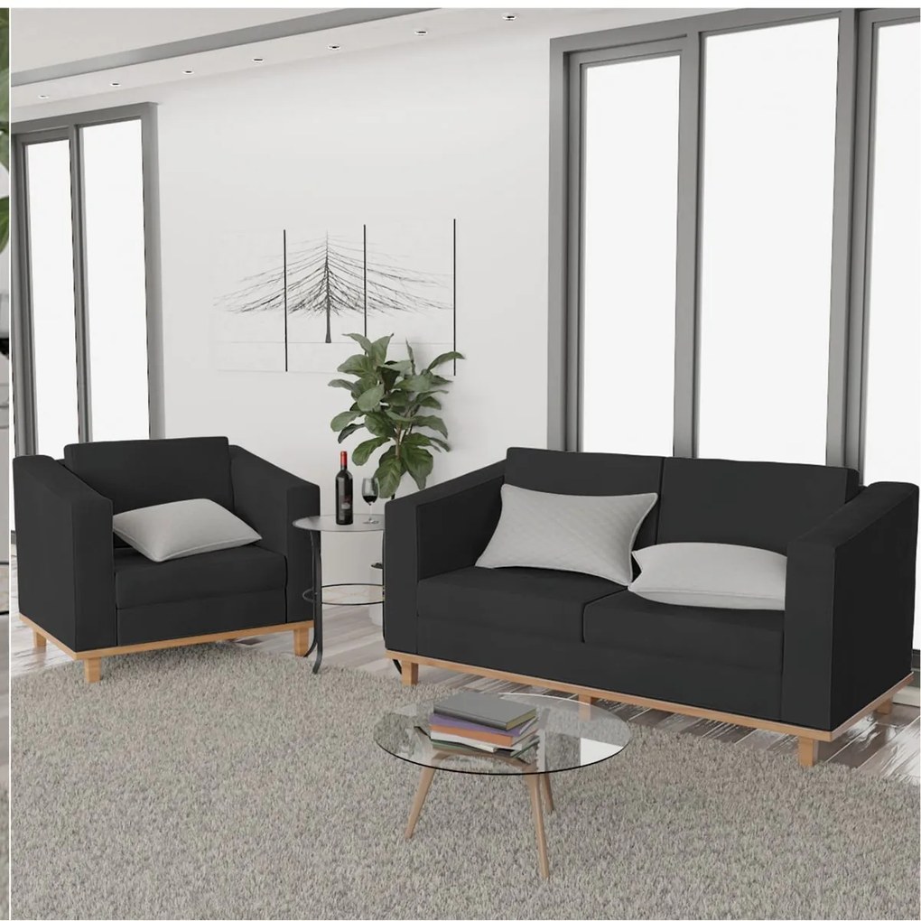 Kit Sofá 2 Lugares e Poltrona Europa Suede Preto ADJ Decor