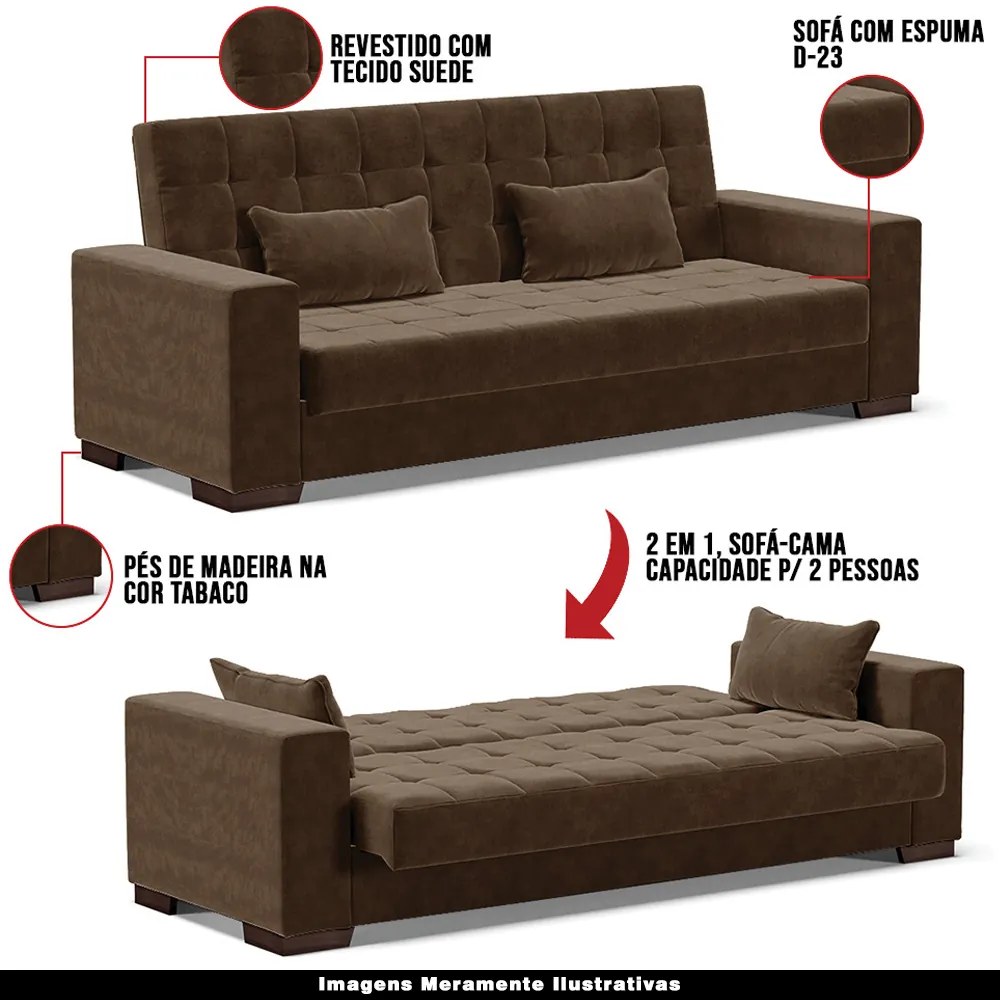 Sofá Cama Decorativo 210cm Beesley Suede Marrom G19 - Gran Belo