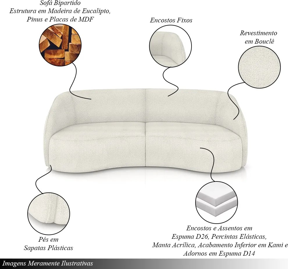 Sofá Decorativo Sala de Estar Bipartido 318cm Clarke Bouclê OffWhite G45 - Gran Belo