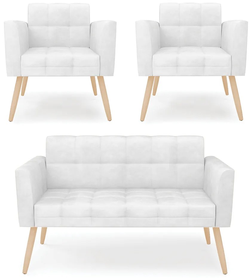 Kit 1 Sofá Namoradeira e 2 Poltronas Elisa Corano Pés Palito Natural - D'Rossi - Branco