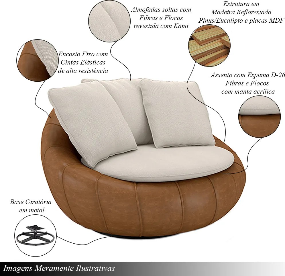 Poltrona Sala de Estar Afrodite com Almofadas Giratória Off White Caramelo Manchado Linho/PU G45 - Gran Belo