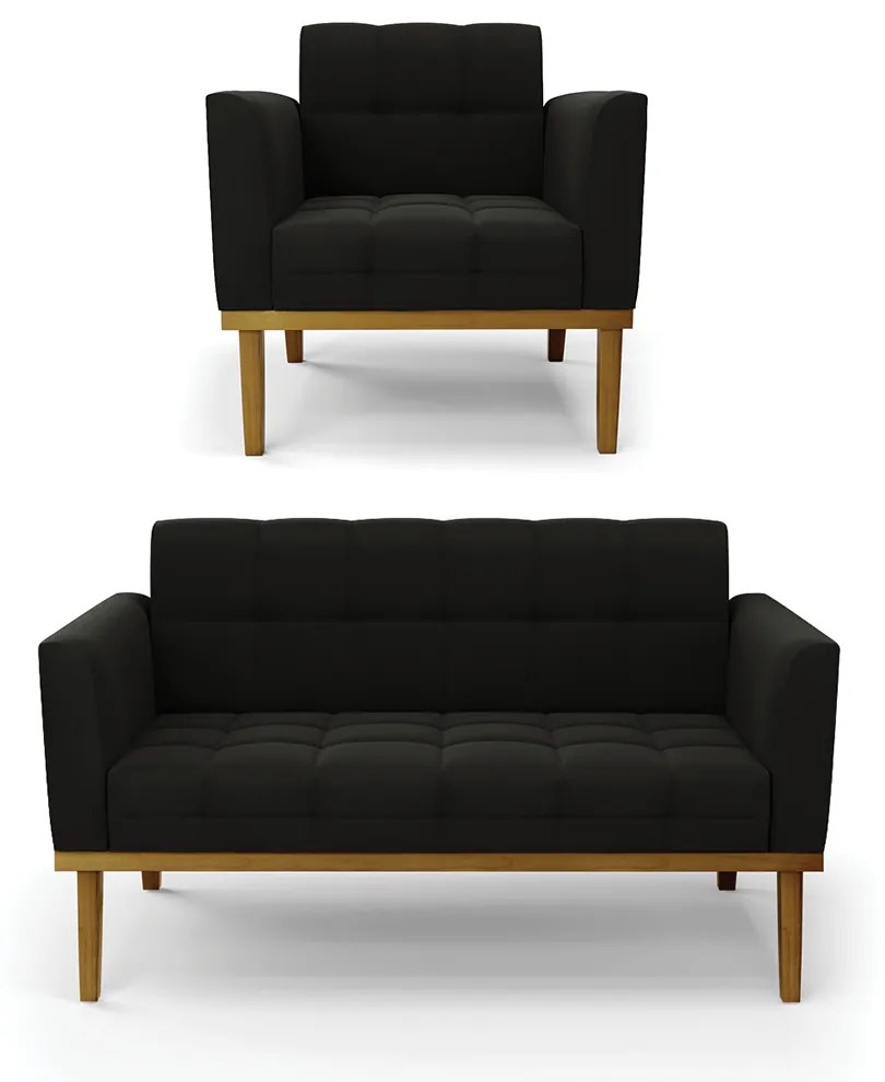 Conjunto Poltrona e Namoradeira Decorativas Karen Pés Fixo em Madeira Castanho Suede Preto G19 - Gran Belo