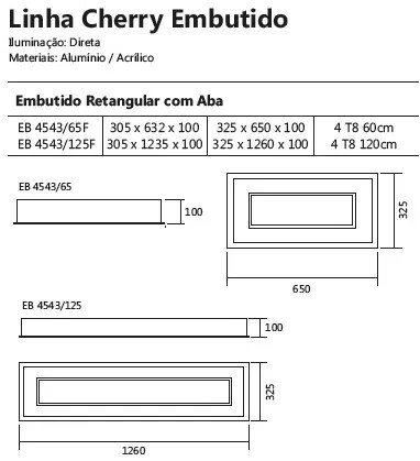Luminária De Embutir Cherry Retangular 4L T8 120Cm 32,5X126X10Cm | Usi... (FN-F - Fendi Fosco)