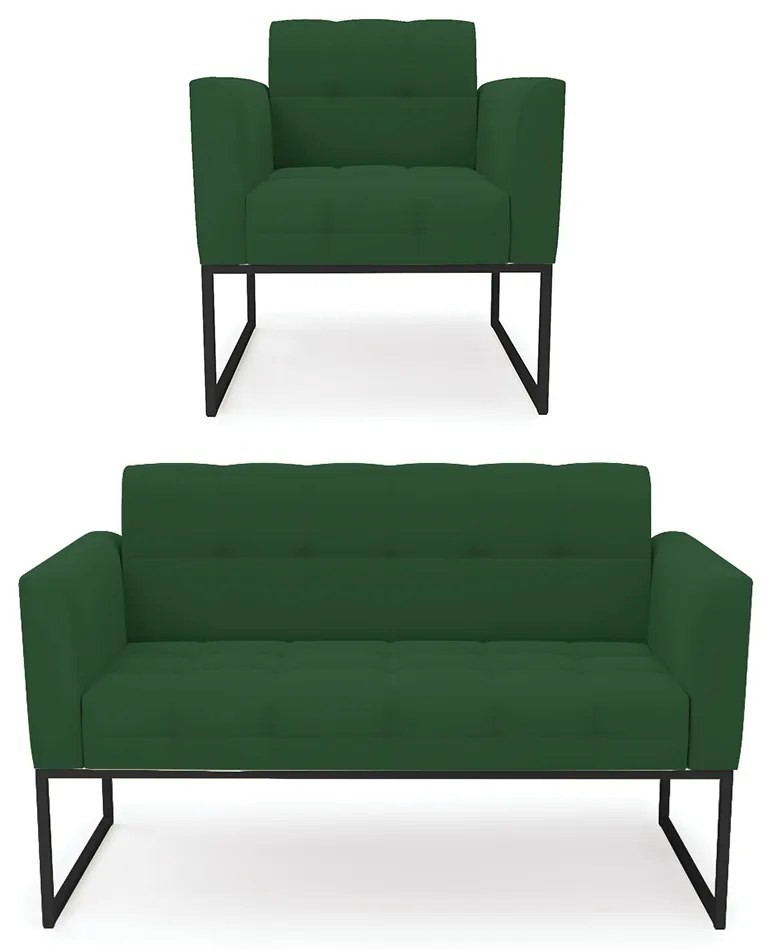 Kit 1 Sofá Namoradeira e 1 Poltrona Elisa Veludo Verde Base Metálica Industrial Preto D03 - D'Rossi