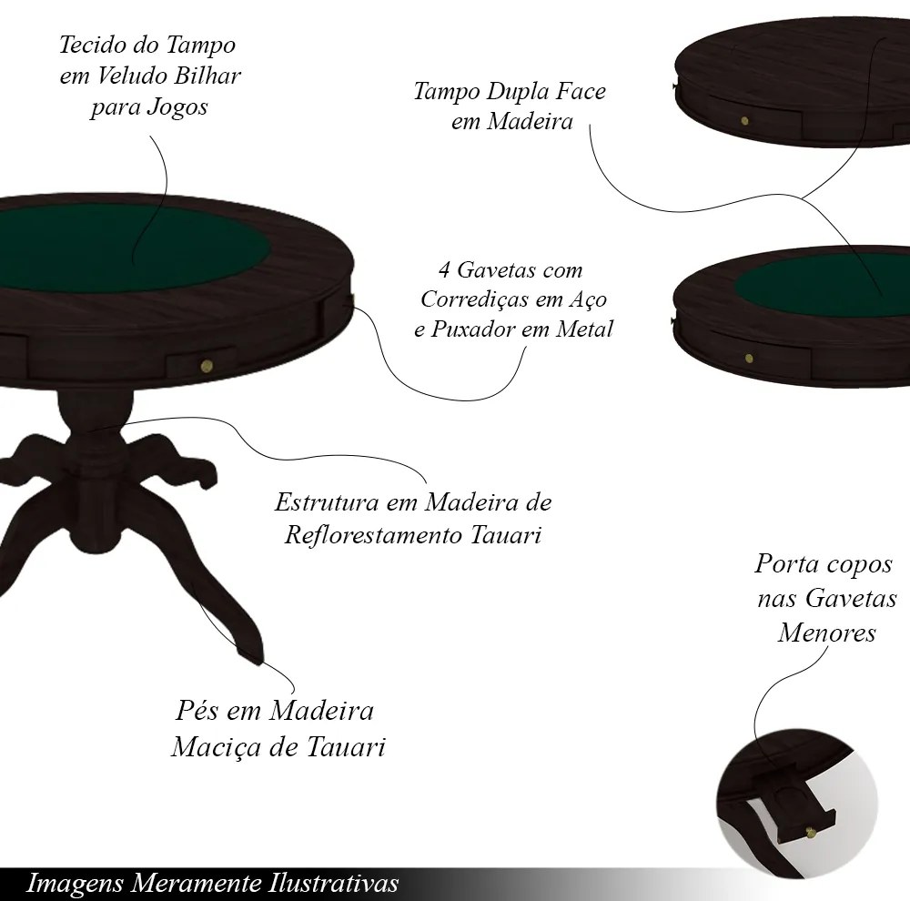 Conjunto Mesa de Jogos Carteado Bellagio Tampo Reversível e 4 Cadeiras Madeira Poker Base Estrela Veludo Verde/Tabaco G42 - Gran Belo