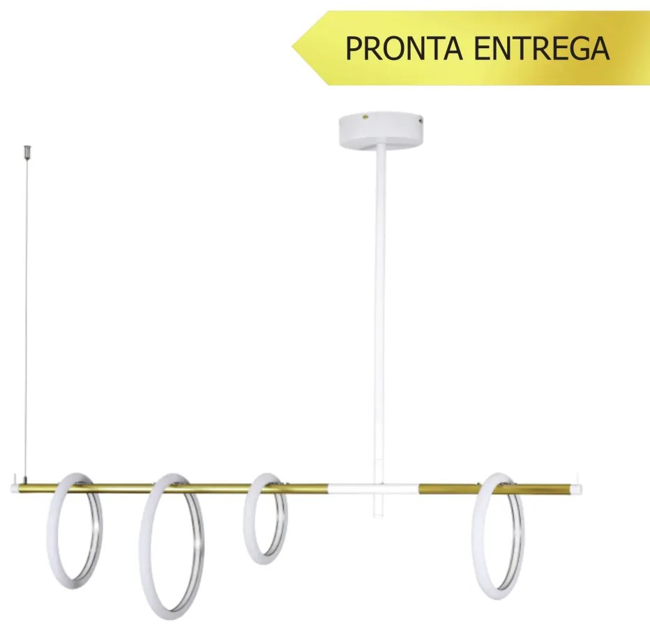 Pendente Ellos Com Haste Fixa 04 Argolas Magnéticas 120X100X30Cm Led 5... (Branco / Champanhe)
