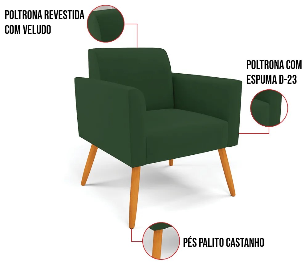 Kit 2 Poltronas Pés Palito Castanho Marisa Veludo - Verde