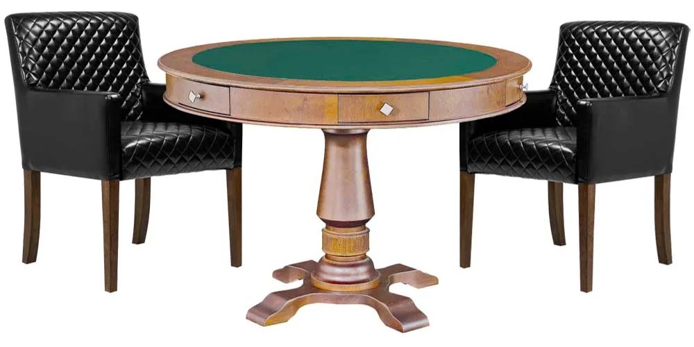 Mesa de Jogos Carteado Victoria Redonda Tampo Reversível Amêndoa com Kit 2 Cadeiras Liverpool PU Sintético Preto Matelassê G36 G15 - Gran Belo