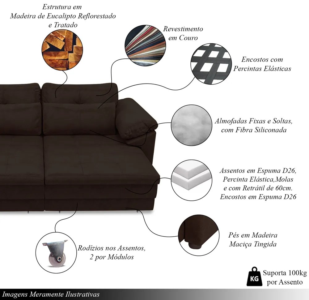 Sofá Retrátil Manual Sala de Estar Nolan Bipartido 257cm Conforto Premium em Couro Marrom Manchado G58 - Gran Belo