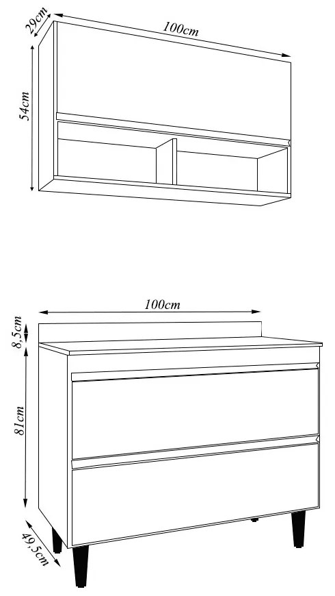 Conjunto Balcão de Cozinha com Tampo Armário Aéreo Wollo MDP/BP Branco G96 - Gran Belo
