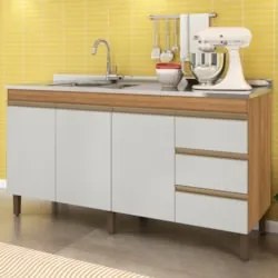Balcão Gabinete Com Pia 160cm 3 Portas Karen Z49 Nature/Off White - Mp