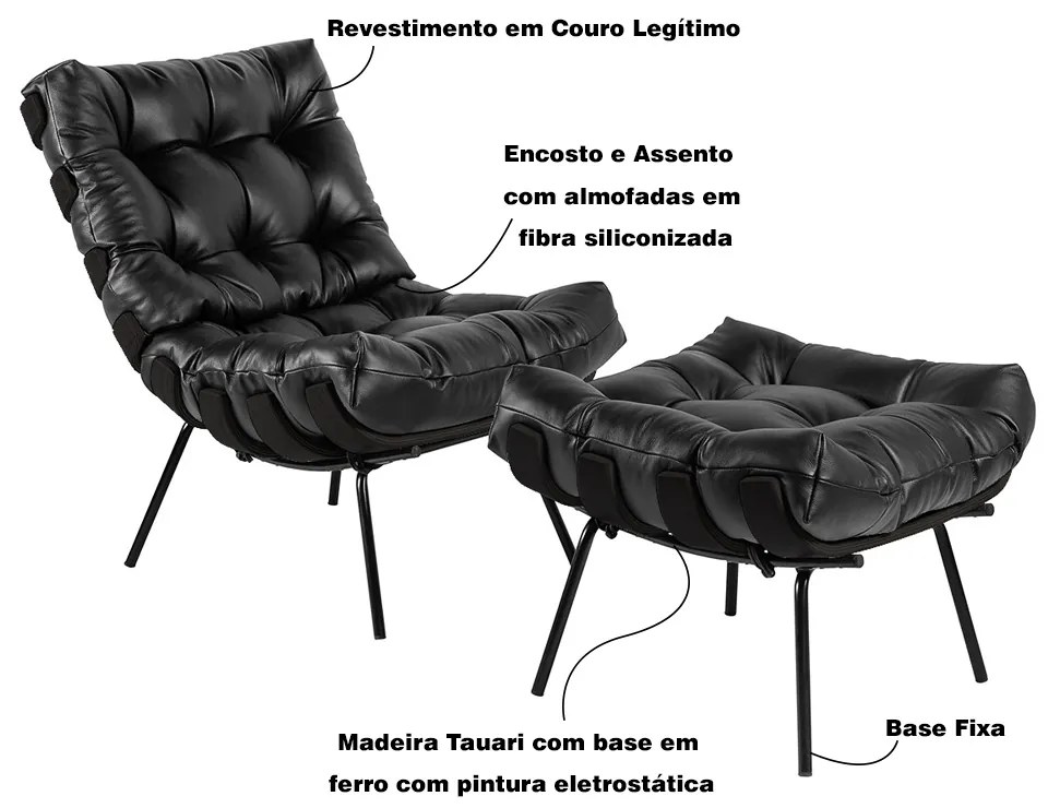 Poltrona e Puff Decorativos Sala de Estar Costela Base Preta Couro Preto G34 - Gran Belo