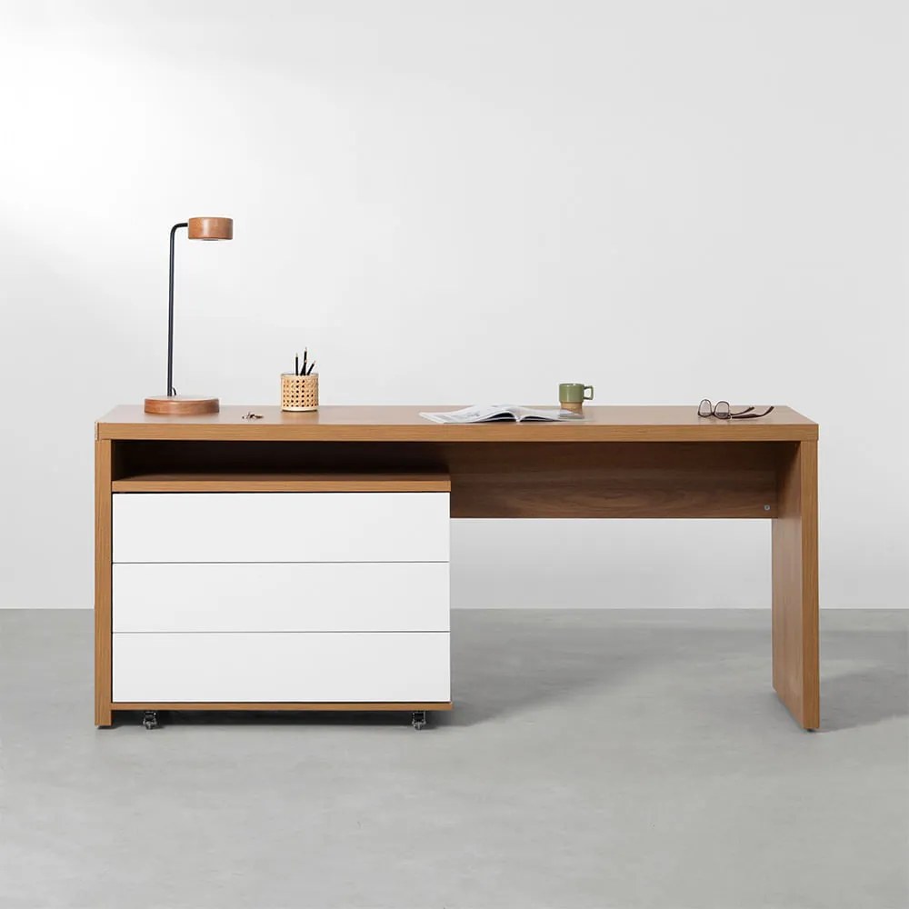 Conjunto Office - Bancada Contemporânea Louro Freijó 1,80m + Gaveteiro Contemporâneo 3 gavetas Louro Freijó e Branco 85cm - Conjunto Office - Bancada Contemporânea Louro Freijó 1,80m + Módulo Contemporâneo 3 gavetas Louro Freijó e Branco 85cm