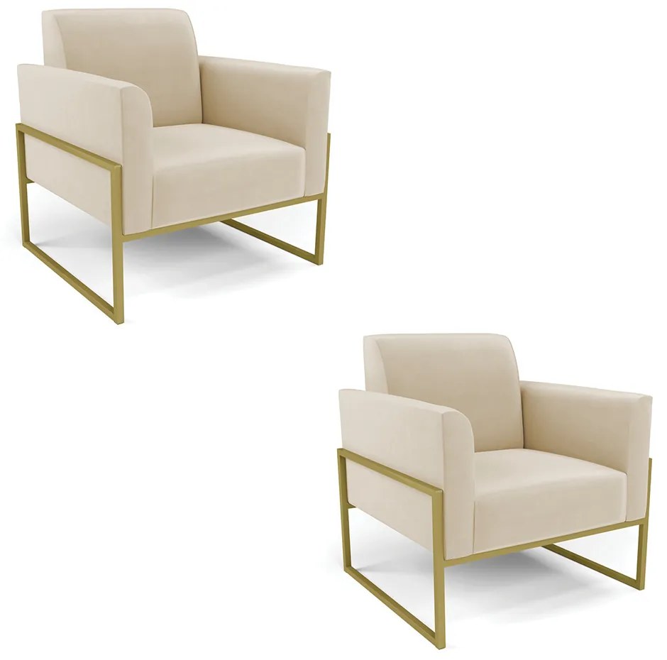 Kit 2 Poltronas Base Industrial Alta Dourado Marisa Suede - Bege