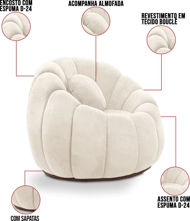 Sofá 2 Lugares com Puff e Poltrona Orgânica Fixa Cloud Bouclê E03 - D'Rossi - Bege