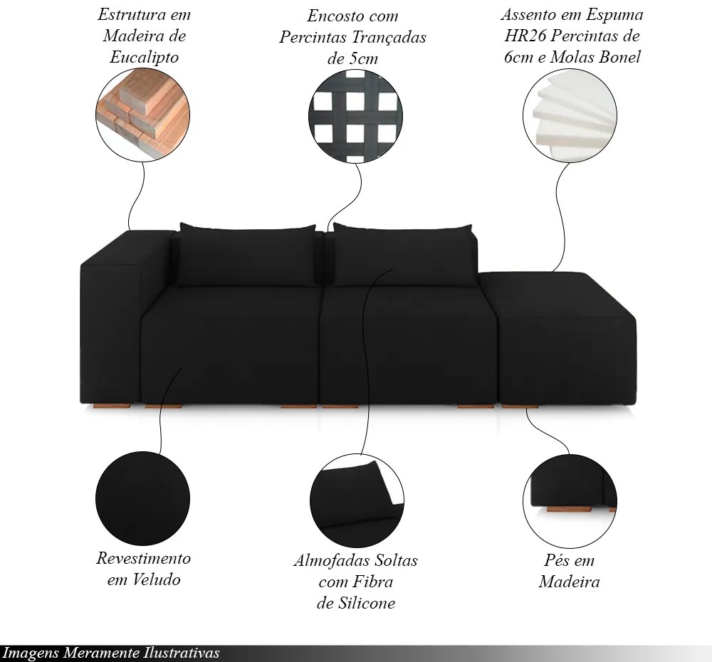 Sofá Versátil Sala de Estar Atlanta 338cm Modulado Veludo Preto G52 - Gran Belo