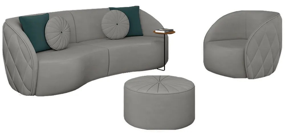 Conjunto Decorativo Sofá 240cm e Poltrona Clarke com Puff Round Veludo Cinza Claro G45 - Gran Belo