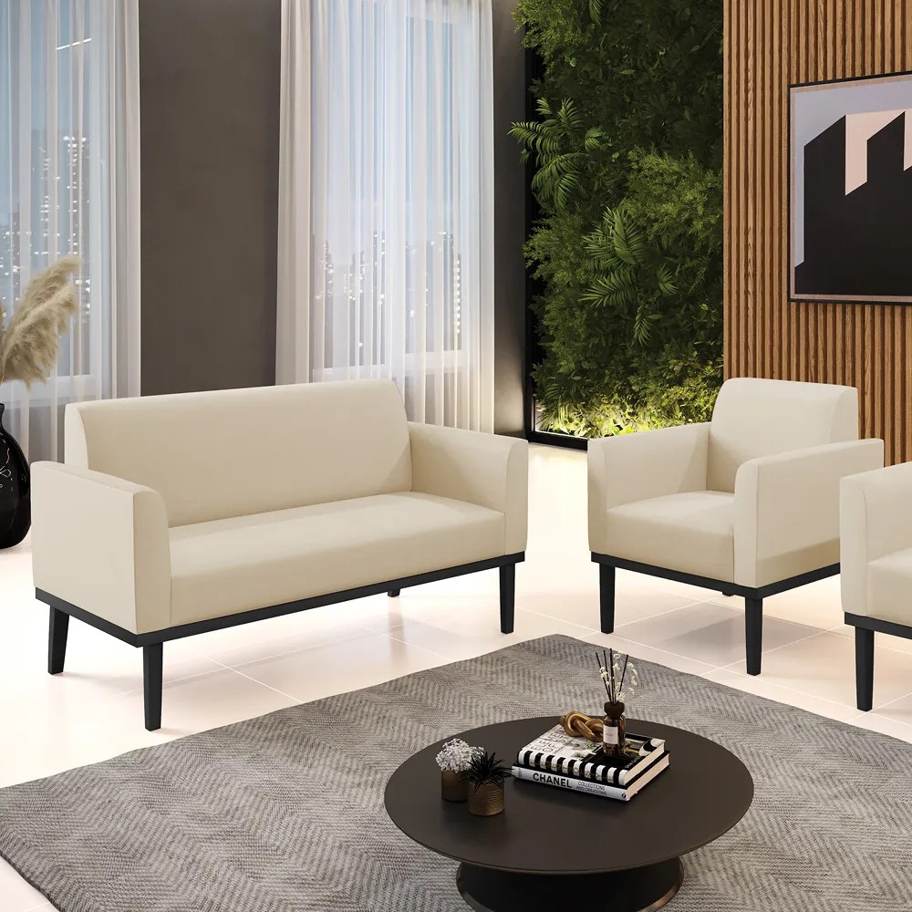 Conjunto Poltrona e Namoradeira Decorativa Isabella Pés Fixo em Madeira Preto PU Bege G19 - Gran Belo