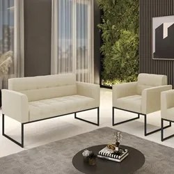 Sofá Namoradeira e 1 Poltrona Base Industrial Preto Ana Suede Bege - I