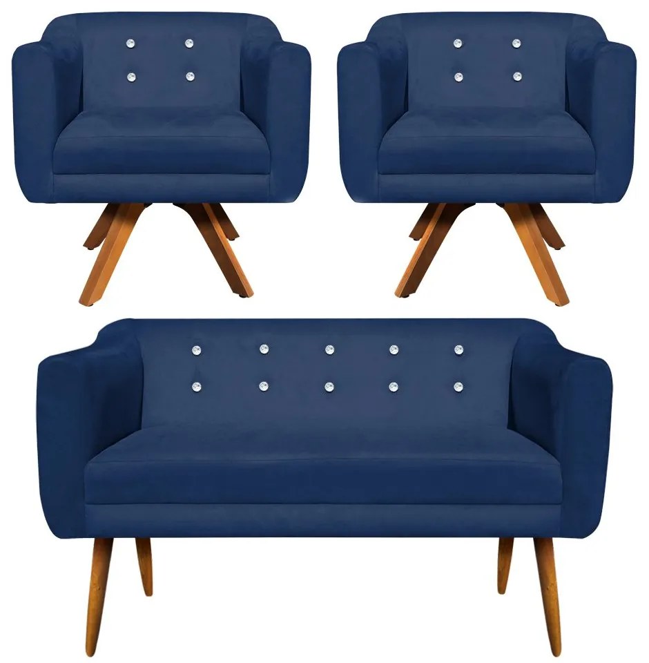 Kit 01 Namoradeira 02 Lugares e 02 Poltronas Giratória Julia Suede com Strass Base Madeira MM30 D'Rossi - Azul Marinho