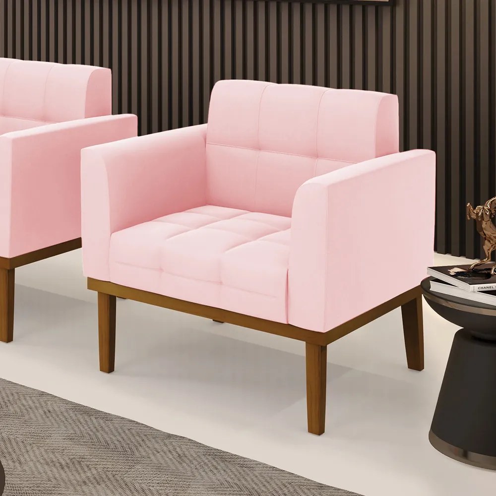 Poltrona Decorativa Karen Pés Fixo em Madeira Castanho Suede Rosa Bebê G19 - Gran Belo
