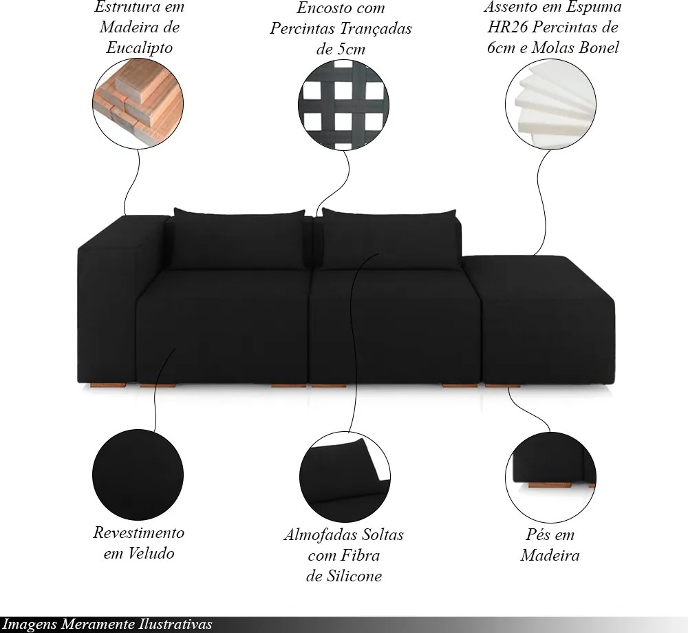 Sofá Versátil Sala de Estar Atlanta 318cm Modulado Veludo Preto G52 - Gran Belo