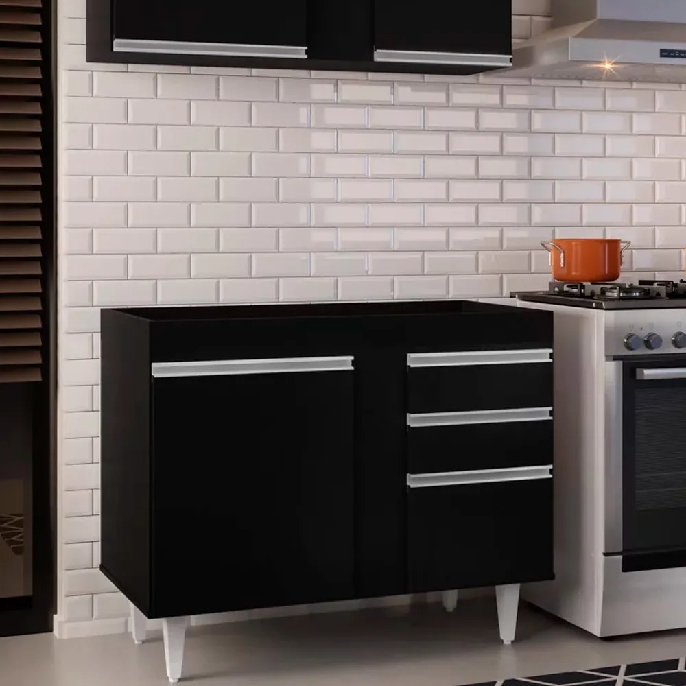 Balcão de Cozinha Lavanderia sem Tampo 02 Gavetas Bia 100 cm L06 - D'Rossi - Preto