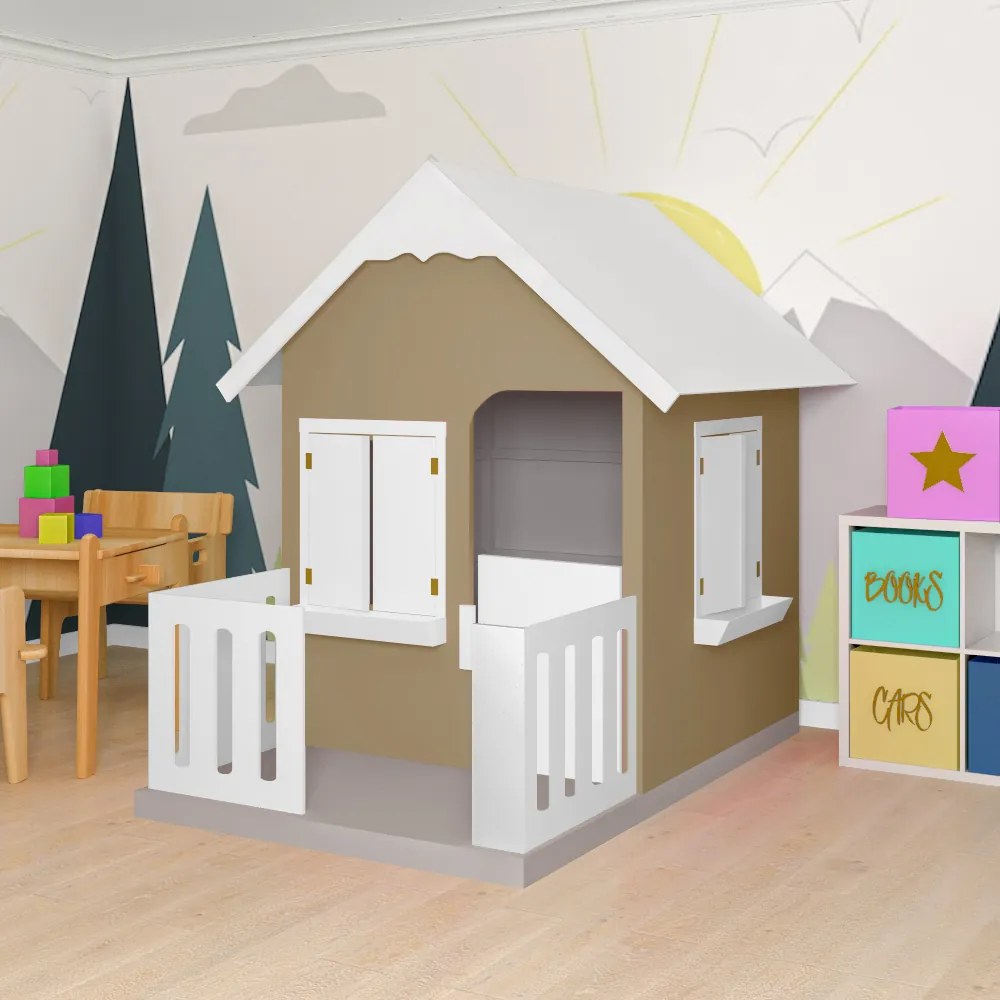 Casinha De Brinquedo Com Cercado Floreiros MDF Bege/Branco L12 - Gran Belo