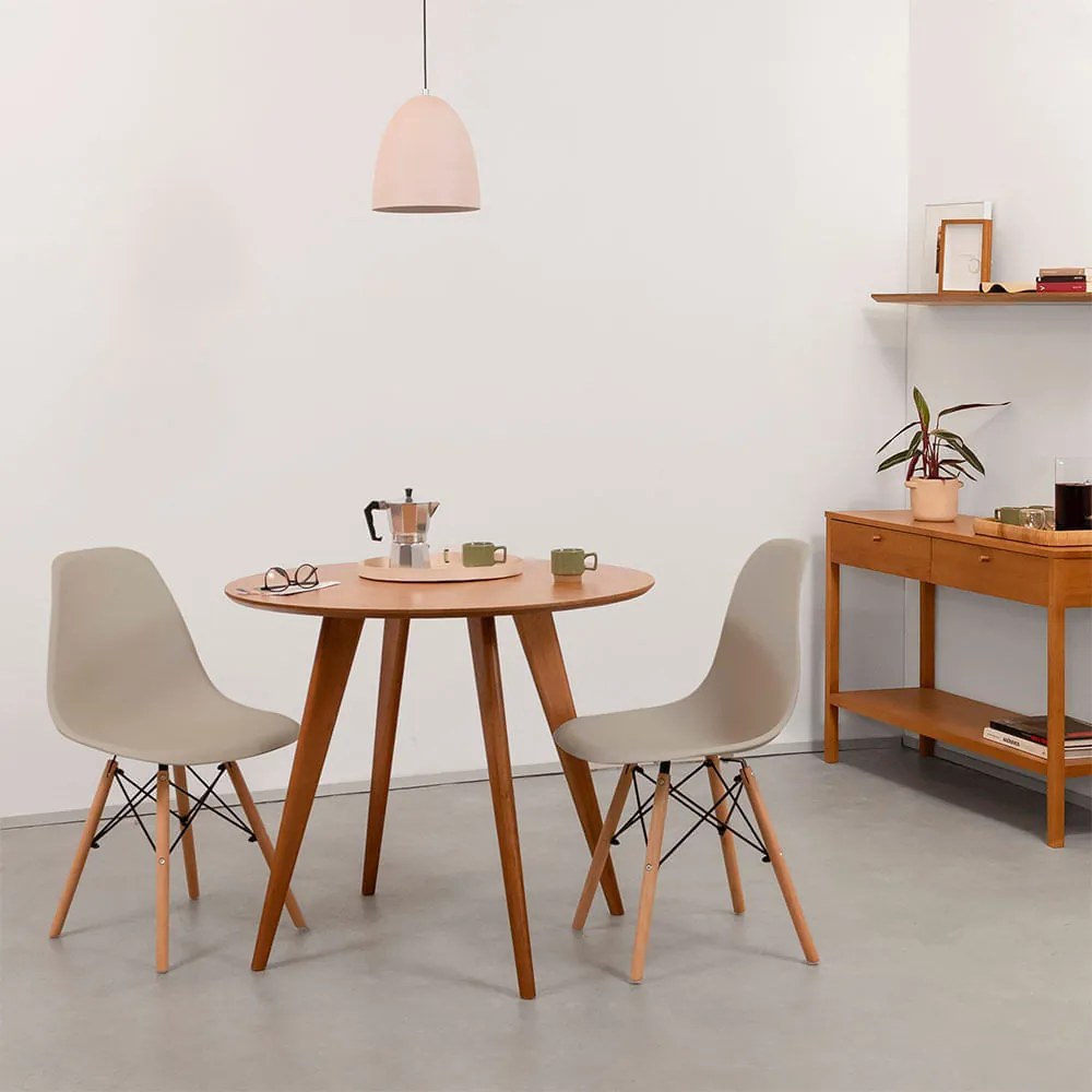 Conjunto Mesa Jantar Square Laminada Redonda Natural - 88cm + 2 Cadeiras Eiffel PP - Bege Acinzentado