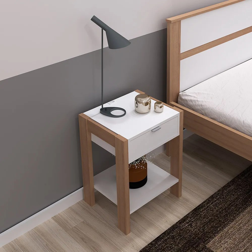 Mesa de Cabeçeira para Quarto Decorativa AZ1016 MDP Amendoa/Branco G69 - Gran Belo