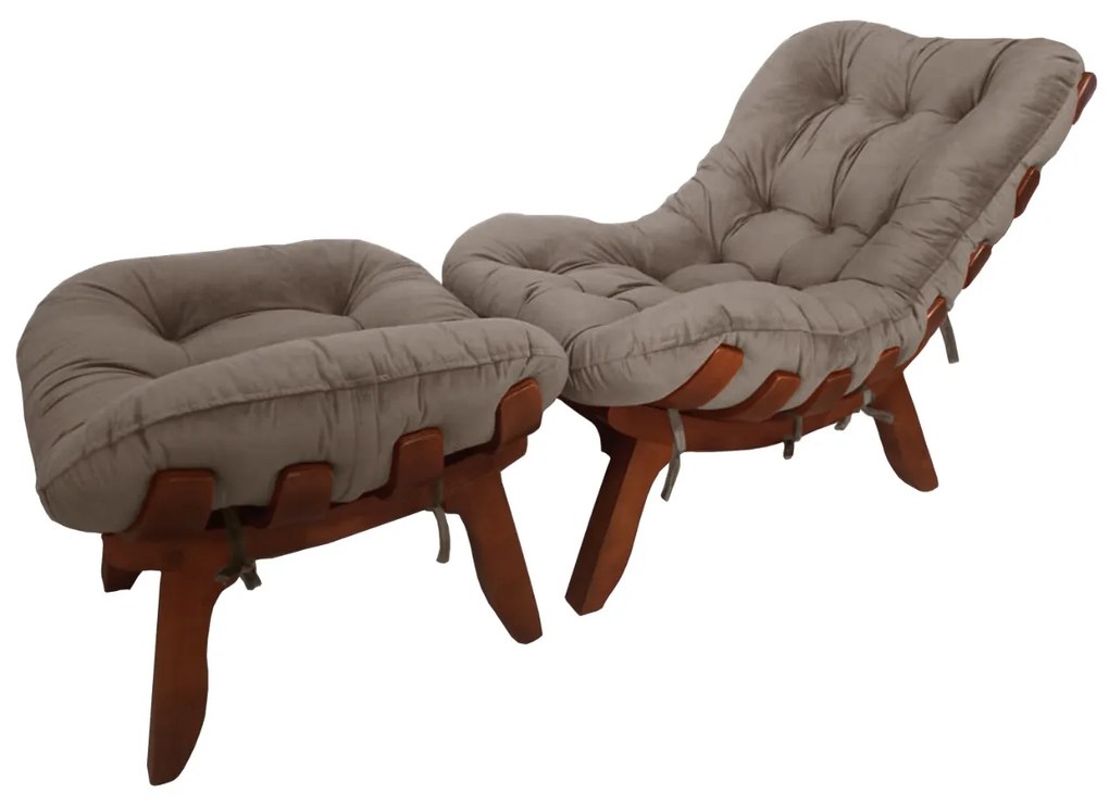Conjunto Poltrona Decorativa Costela com Puff Costela Veludo Cappuccino