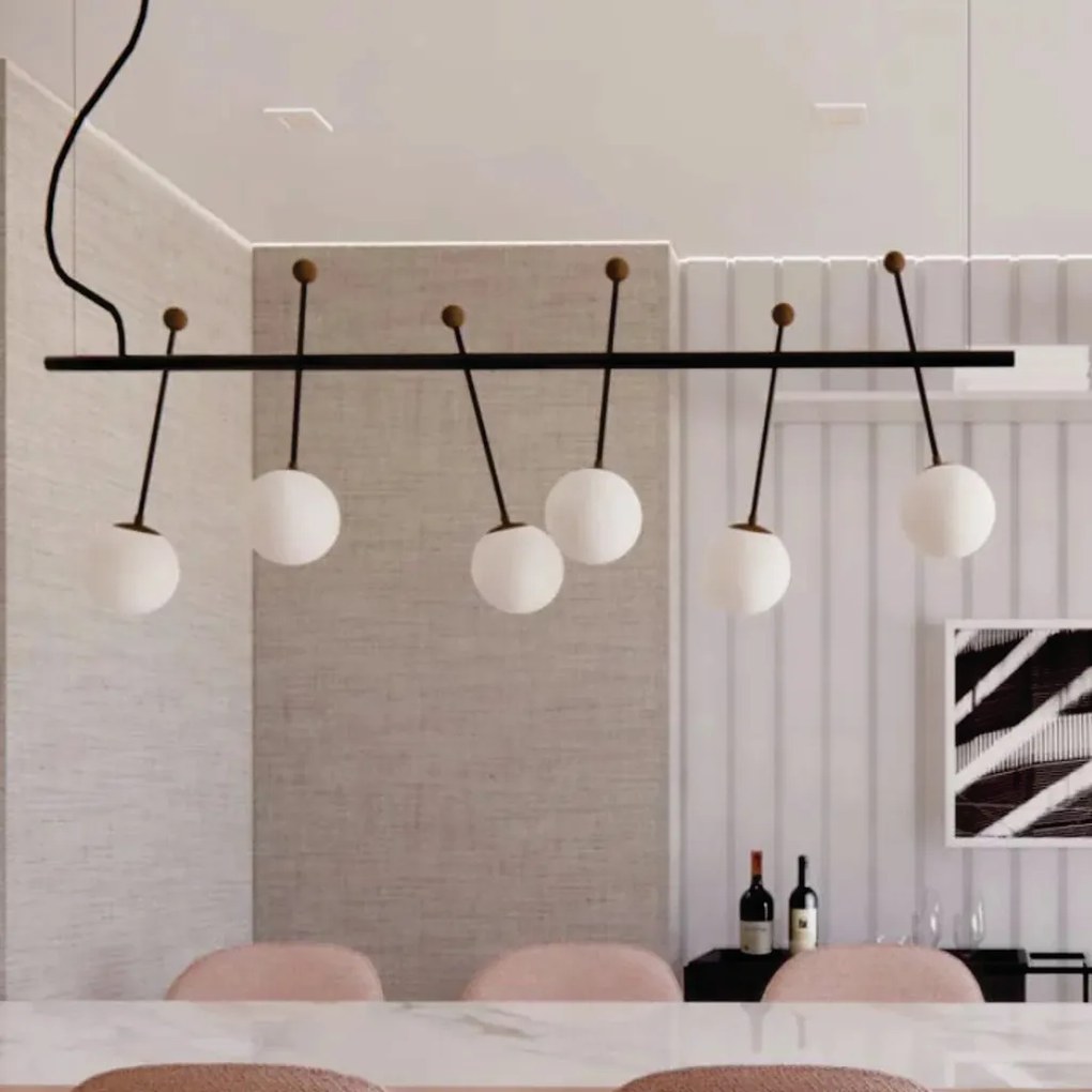 Pendente Varal 42X150X20Cm 06Xg9 Globo Ø12Cm - Usina 50000/6 (BT / CB-P - Branco Texturizado / Cobre Brilho Polido, Branco (Fosco))