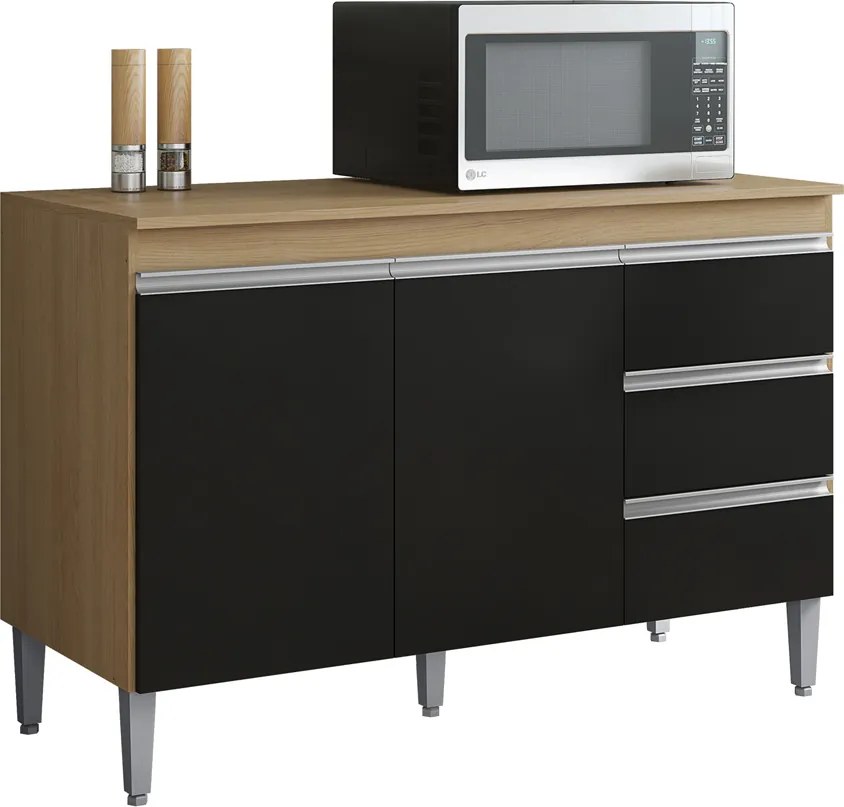 Balcão Cozinha com Tampo 120cm 3 Gavetas Leticia A01 - D'Rossi - Amendoa e Preto