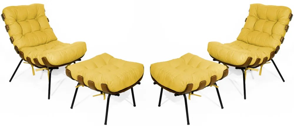 Kit 2 Poltronas Costela Com 2 Puff Costela Suede Amarela