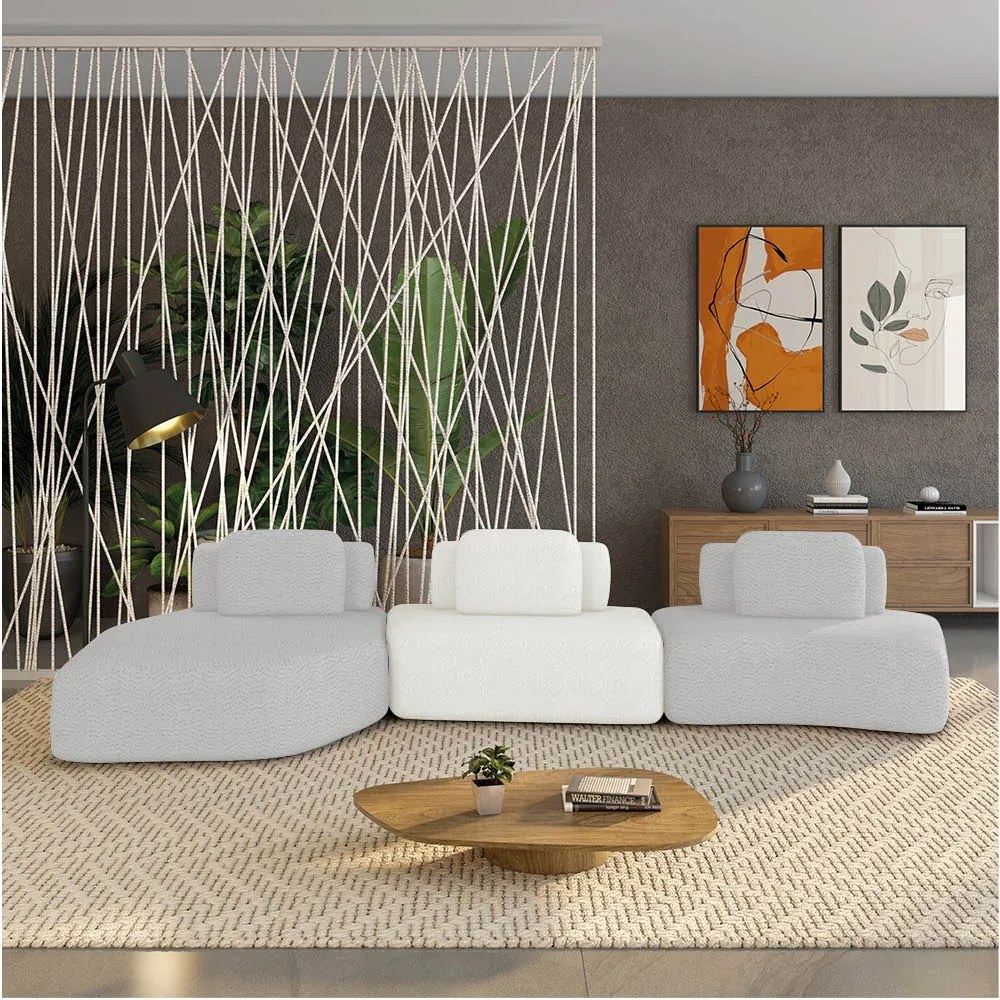 Sofá 3 Lugares Orgânico com Chaise e 2 Módulos Berlim Bouclê Cz K01 - D'Rossi - Cinza Claro/Off White